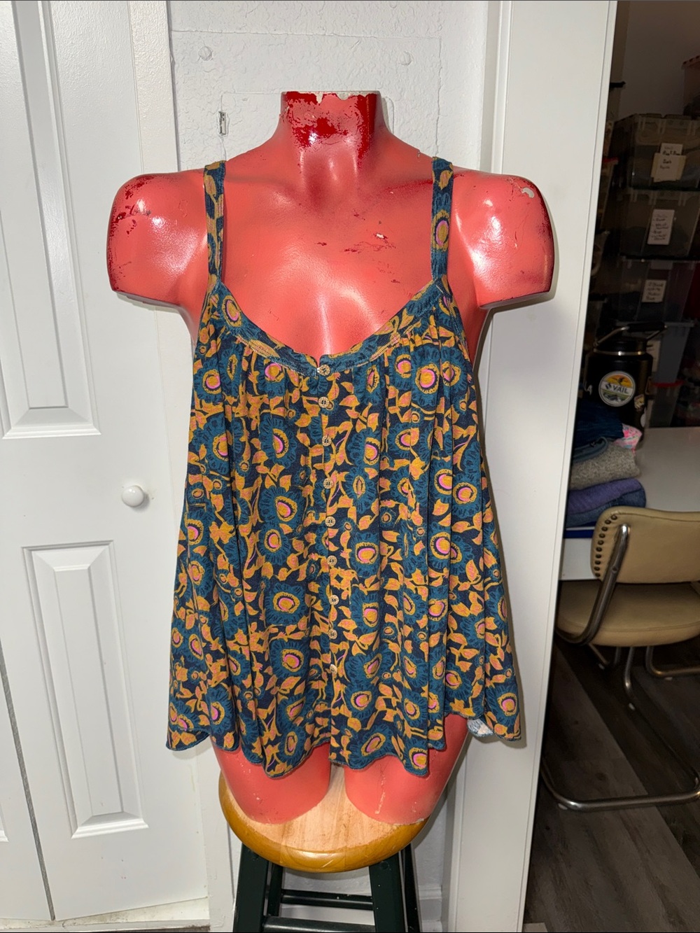 NATURAL LIFE Navy Blue Floral Mustard Yellow Pink Swing Tank Top